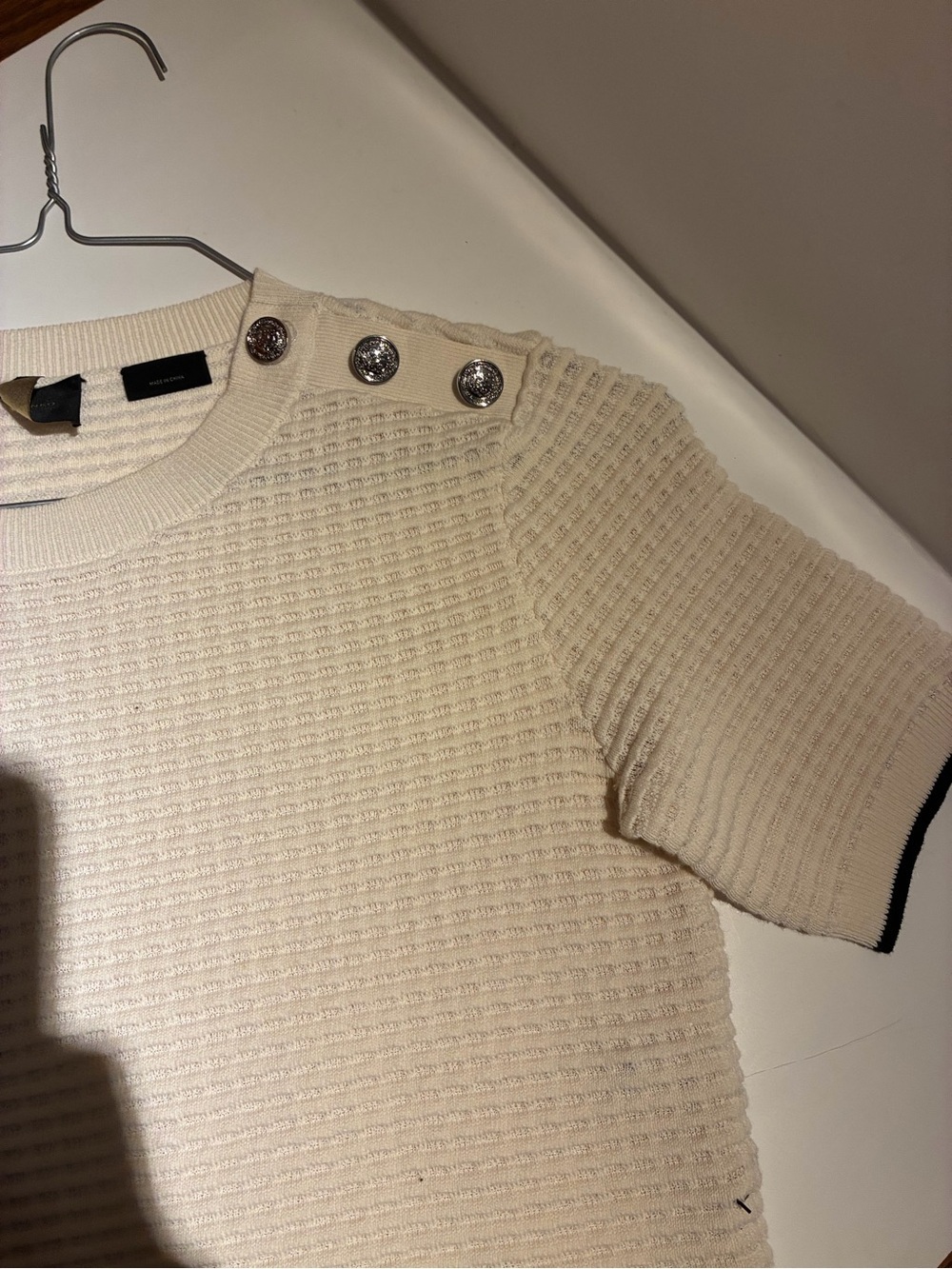 Pinko Cream Textured Knit Short Sleeve Sweater with Silver Buttons
